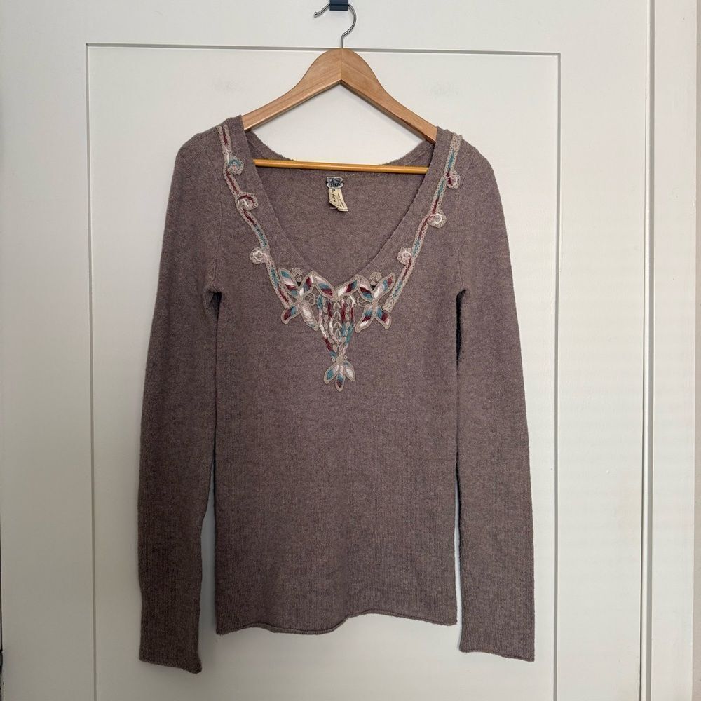 We The Free Sweater Womens Sz S Pink Purple Knit Lace V Neck Boho Dreamcatcher